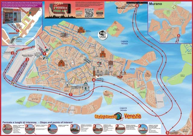 Mapa de excursiones en autobús de Venice Hop On Hop Off