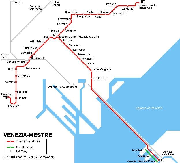 Mapa de las estaciones de tranvía de Venecia